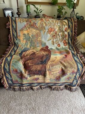 French Country "Les Poulets" rooster&hen woven cotton tapestry throw blanket.